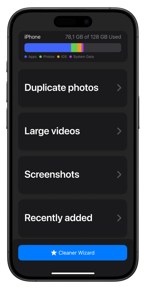 PhotoStorageCleaner App Main screen